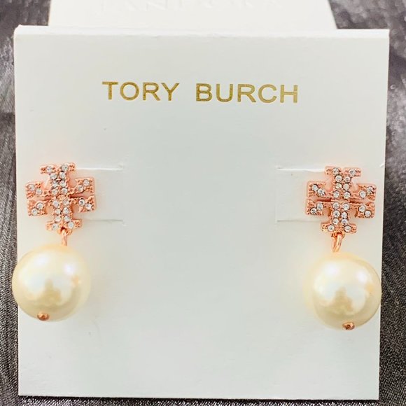 Tory Burch Earrings Crystal Logo & Simulated Pearl Drop Earrings Rose Gold - Picture 1 of 13